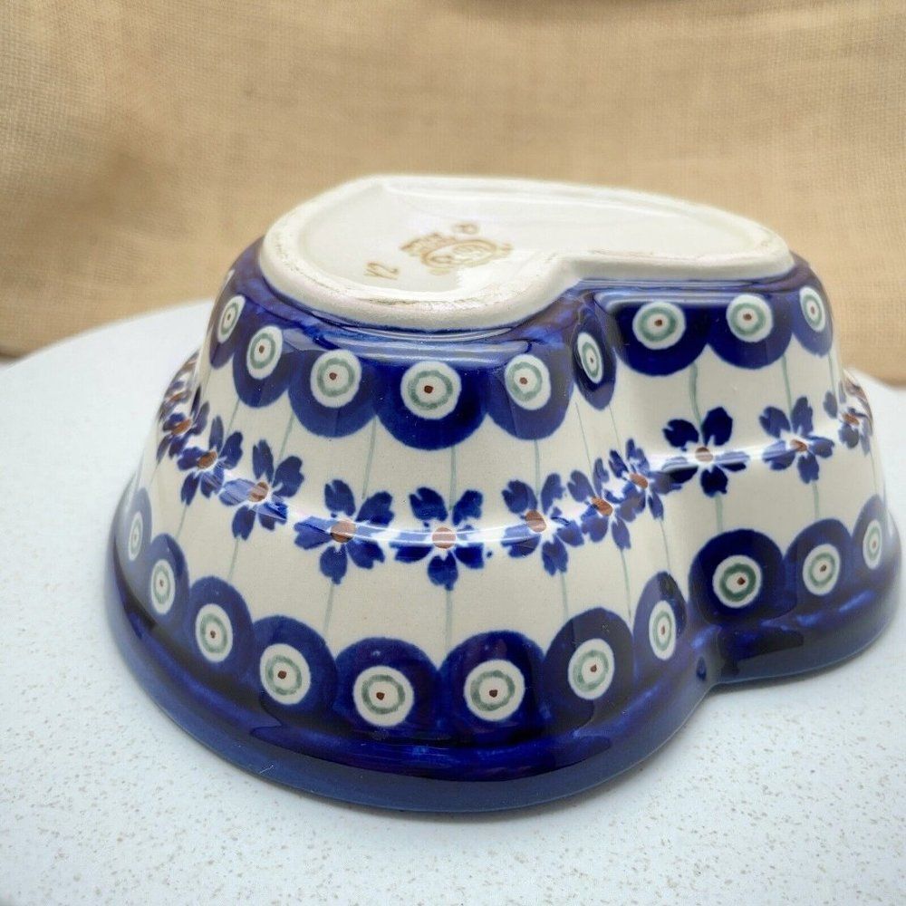 Boleslawiec Pottery Heart Shaped Bowl 6" Peacock Eye Flowers Dish Made in Poland - Picture 12 of 15